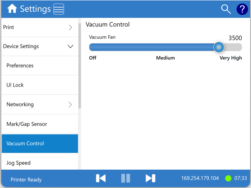 Checking the Vacuum Fan Callisto printer vacuum table adjustment